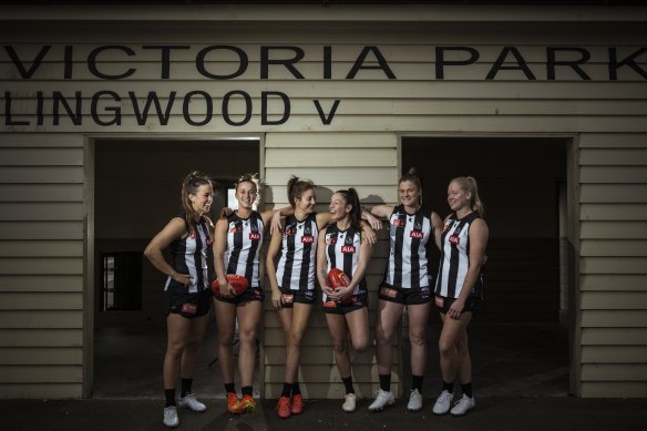 Collingwood’s leadership group: from left, Chloe Molloy, Ruby Schleicher, Steph Chiocci, Brit Bonnici, Bri Davey and Lauren Butler.