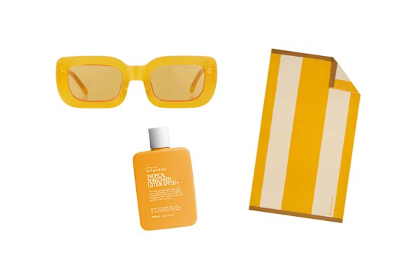 “Chesko” sunglasses; “Tropical” sunscreen; “Apolle” beach towel.  