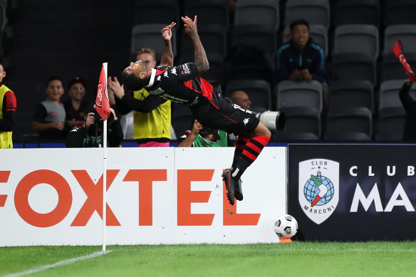 An acrobatic Kwame Yeboah celebrates what turned out to be the winner in Monday’s A-League thriller between Western Sydney and Wellington.