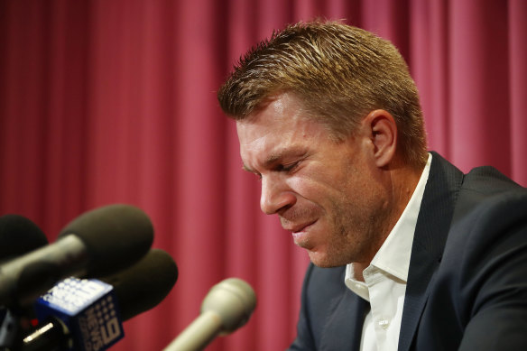 David Warner fronts the media at the height of the ball-tampering scandal.