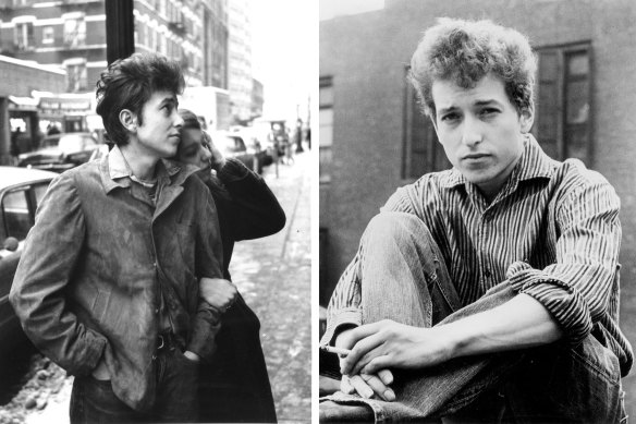 Dylan walking with Suze Rotolo in September 1961 (right); Dylan in 1964.
