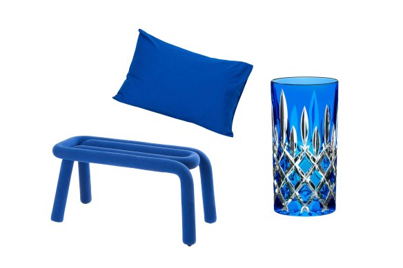 “Bold” bench; “Sapphire” pillowcase; “Cindy” table lamp; “Laudon” highball glass.  