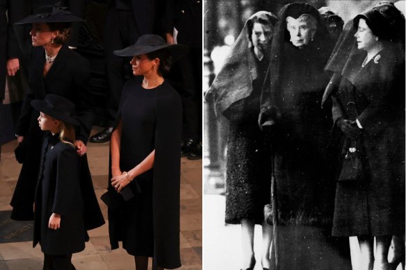 Kate, Princess of Wales, Princess Charlotte and Meghan, Duchess of Sussex at the funeral of Queen Elizabeth II; Queen Elizabeth, Queen Mary and the Queen Mother at the funeral of King George in 1952.
