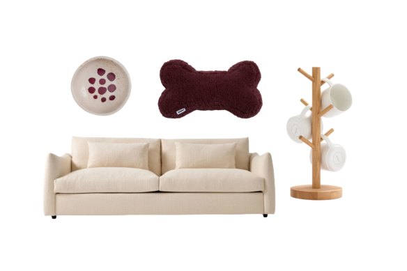 “Demuy” bowl; “Bone” dog toy; “Winton” sofa; “Oak” mug tree. 