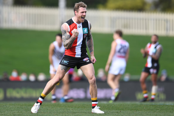 Tim Membrey celebrates one of his three goals.