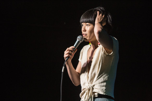 Atsuko Okatsuka on stage in 2019. She used to be afraid to show her true self by wearing bright colours, but has since embraced her inner weirdo.