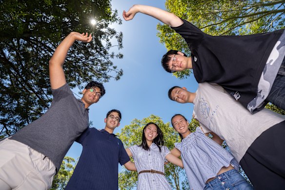 James Ruse Agricultural High students Nikil Andepalli, Srihaas Komminni, Selina Ma, Nina Chen, Terry Chen, and Peter Shan celebrate their success. 