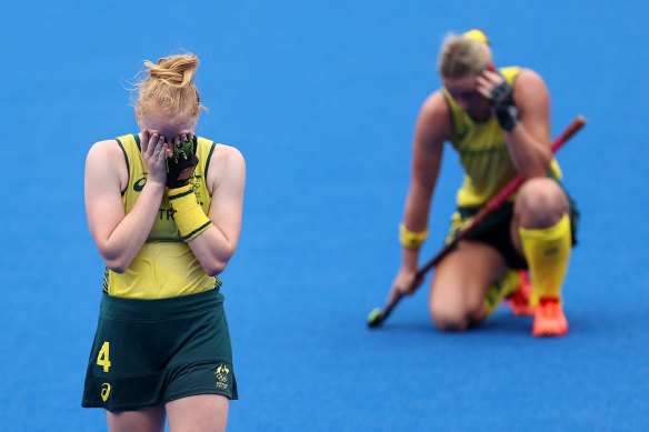 Amy Rose Lawton of the Hockeyroos in tears at the end of the match.