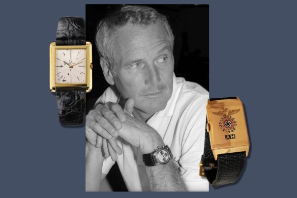 From left to right: JFK’s Omega Slimline, Paul Newman and his Rolex Daytona, Adolf Hitler’s Huber wristwatch.
