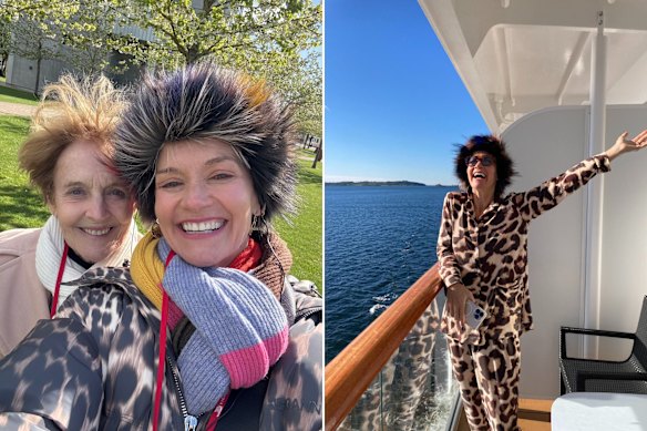 Jessica Rowe (with her mother Penelope, left) in one of the furry hats she packed for her Scandinavian cruise.