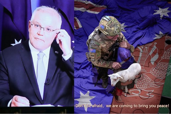 Scott Morrison was shocked by this Zhao Lijian tweet, which depicted an Australian soldier about to slit an Afghan boy’s throat.
