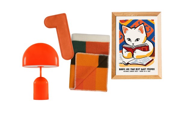 “Bell” lamp; “Corner” bookmark; “Mikkel” throw; Vintage poster.  