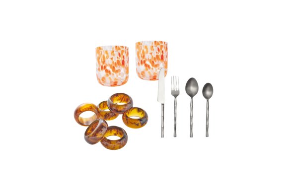 Napkin rings; “Dots” tumblers; “Bamboo” 16-piece cutlery set.