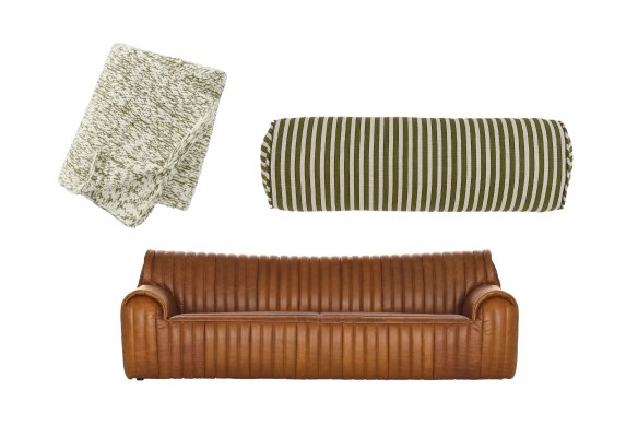 “Lumi” throw; “The Bon Bon” bolster; “Aspen Channel” sofa.