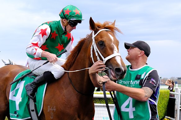 Doug Bollinger greets Wonka and James McDonald after the Dulcify win.