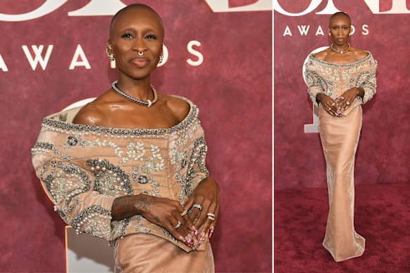 Cynthia Erivo in Schiaparelli at the Tony Awards in New York on Sunday (Monday AEST).