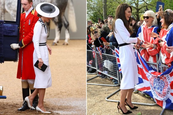 The Princess of Wales at the Trooping the Colour ceremony at the weekend (left), and before King Charles’ coronation last year.