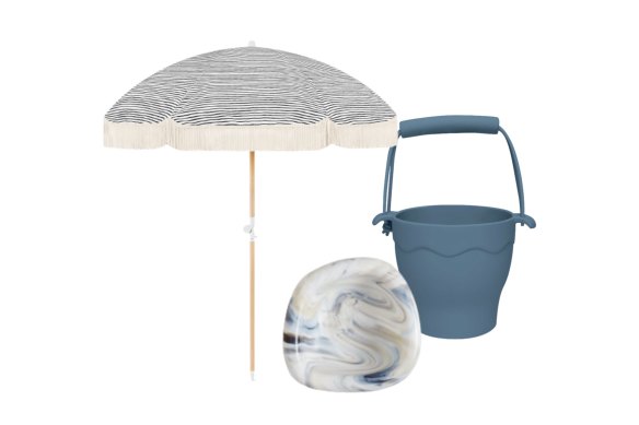 “Natural Instinct” beach umbrella; “Rook’s Recycled” dish; Eight-piece bucket and spade set.