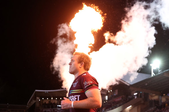 Manly’s Jake Trbojevic runs on to the turf at 4 Pines Park in the side’s controversial rainbow strip.