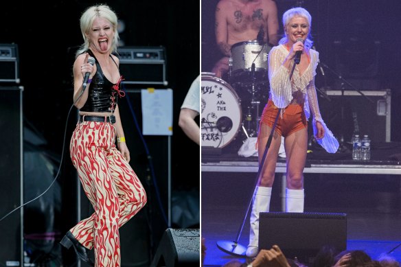 Amy Taylor from Amyl and the Sniffers at GMHBA Stadium (Kardinia Park) on March 4, 2022 in Geelong, and performing at Élysée Montmartre on November 5, 2022 in Paris.