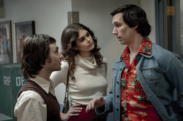 Gabriel LaBelle (left) as Lorne Michaels, Kaia Gerber as Jacqueline Carlin and Cory Michael Smith as Chevy Chase in Saturday Night.