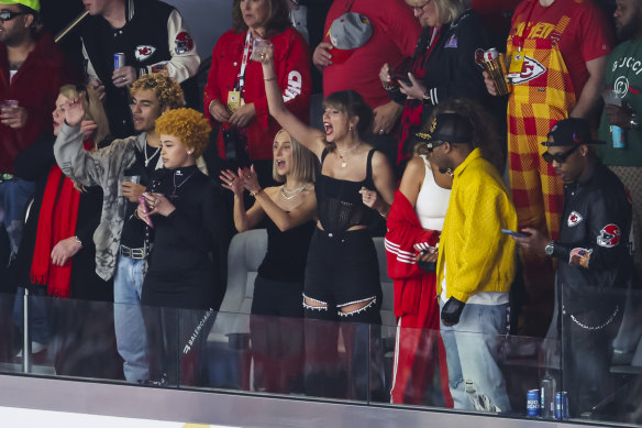 Taylor Swift, centre, wears a corset by Australian Dion Lee at Monday’s Super Bowl.