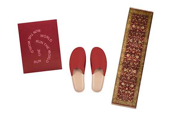 “Run the World” greeting card; slippers; “Mathura” runner.