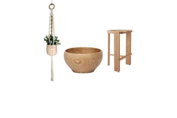 “That ’70s Show” macrame plant hanger, $49; “Curve Bowl No. 2″, $20; “Hinterland” stool, $2200.