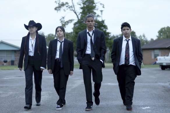 From left: Willie Jack (Paulina Alexis), Elora Danan Postoak (Devery Jacobs),  Bear (D’Pharaoh Woon-A-Tai) and Cheese (Lane Factor) in Reservation Dogs.