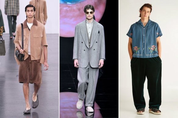 From left: Oversize bermuda shorts on the Fendi runway. Classic Armani double breasted jacket. Silk shirt by The Tales Customs.