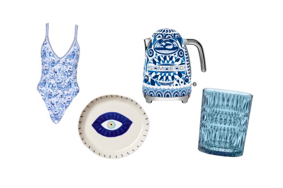 “Amalfi” swimsuit; “Evil Eye” tray; “Blu Mediterraneo” kettle; “Ethno” tumbler.  