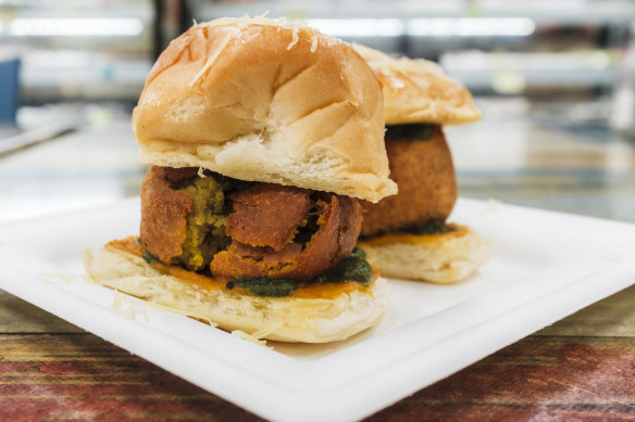 The vada pav sandwich at Calcutta Sweets & Savouries in Bentley.