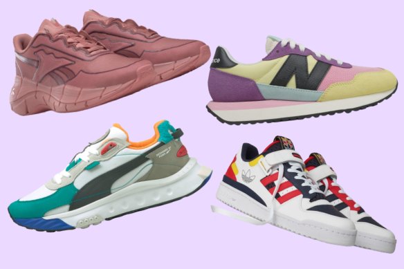 Clockwise from top left: Reebok: Victoria Beckham x Reebok Zig Kinetica; New Balance 237; Adidas Forum Low Shoes; and Puma Wild Rider Layers Sneakers.