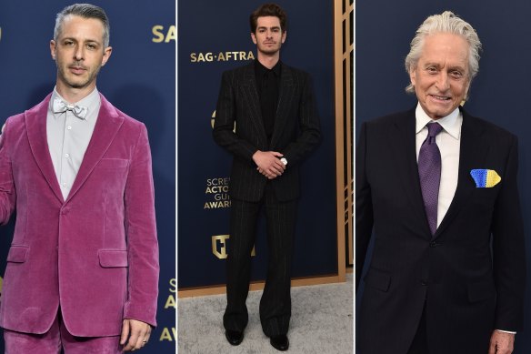 Succession star Jeremy Strong in berry velvet, Andrew Garfield wearing a Saint Laurent suit and Michael Douglas flying the colours of the Ukrainian flag at the SAG Awards.