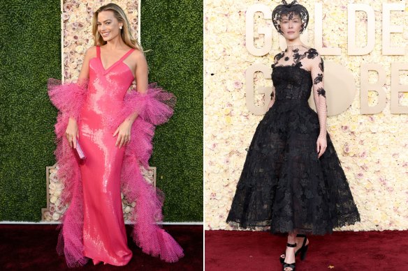 Margot Robbie and Rosamund Pike on the Golden Globes red carpet.