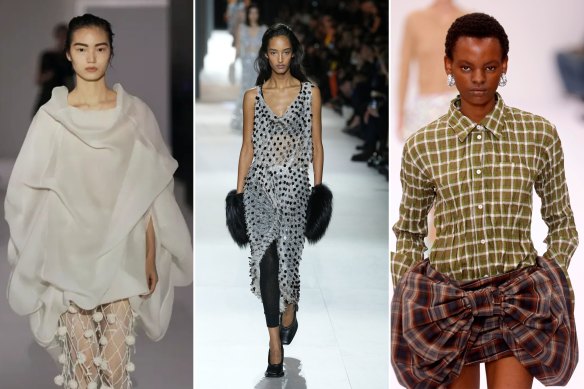 The volume, pants and print by Khaite (left), Louis Vuitton and Acne Studios.
