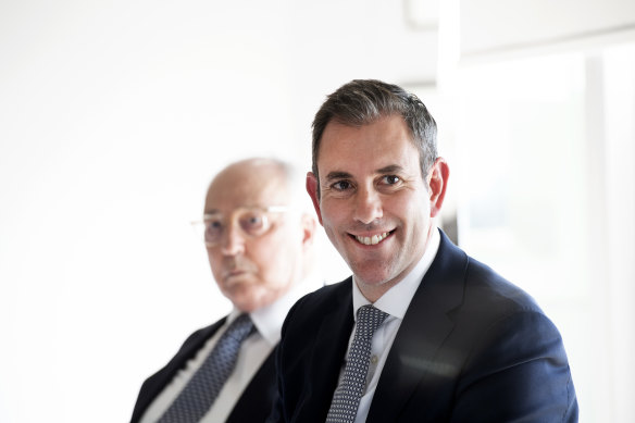 Federal Treasurer Jim Chalmers, right, with Paul Keating.