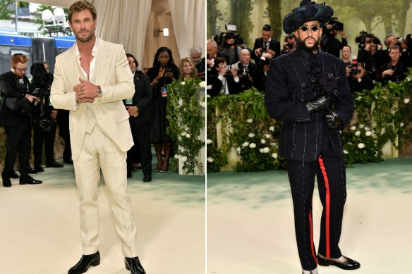 Chris Hemsworth in Tom Ford and Bad Bunny in Maison Margiela at the 2024 Met Gala.
