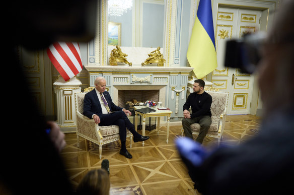 Ukrainian President Volodymyr Zelensky with US President Joe Biden in Kyiv on Monday. 