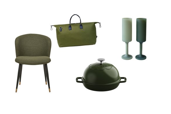 “Sara” chair; “Daybreak Weekender” bag; bread oven; “Seff ” silicone flutes.  