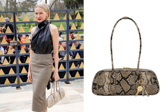 Above left: Naomi Watts; right: Oroton “Louisa” bag.
