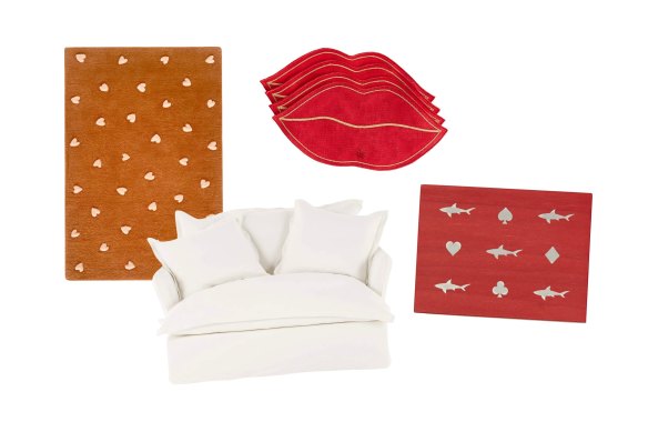 “Hearts” rug; “Toorak” love seat; “Bisous” napkins; “Card Shark” walnut box and playing cards.  