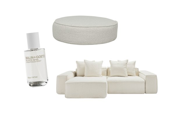 “Otto” home spray; “Vittoria Retreat” ottoman; “Riley Muse” sofa.  