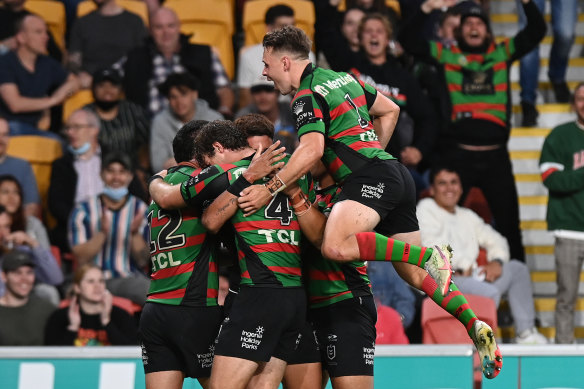 The Rabbitohs celebrate another try en route to the grand final.