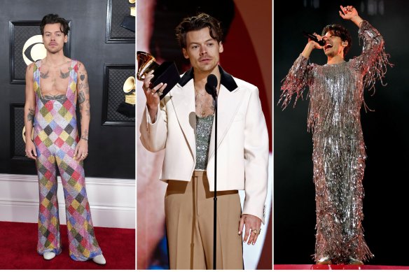 Three of Harry Styles’ Grammys looks.