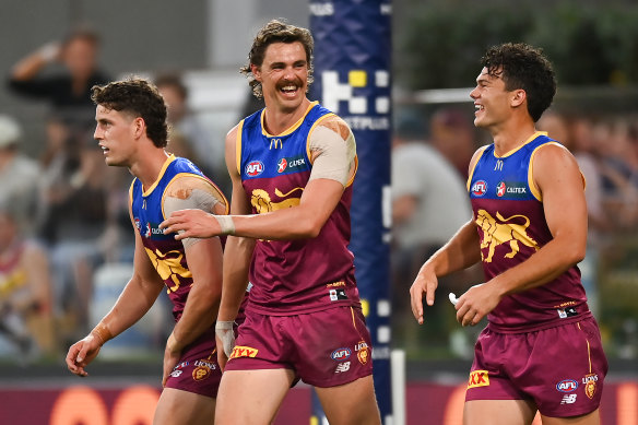 Joe Daniher smiles after a goal against St Kilda in the final round of the season.