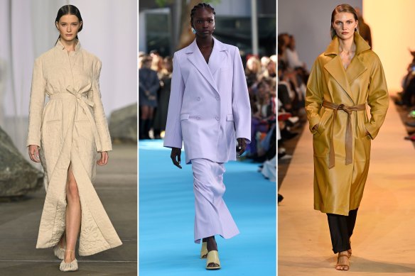 Outerwear trends at AAFW 2023: Quilting at Albus Lumen, oversized blazers at Anna Quan, and the leather trench at Christian Kimber.