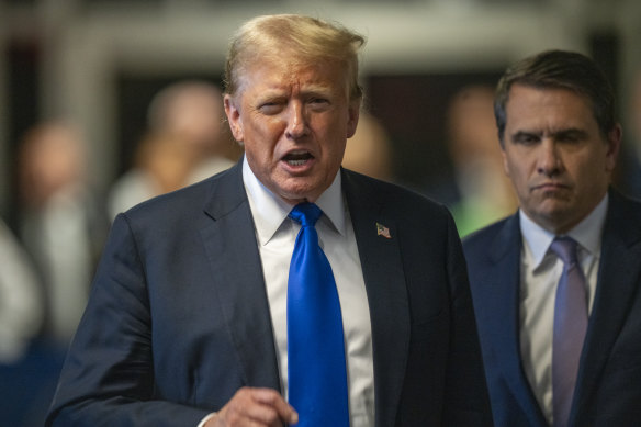 Former President Donald Trump speaks outside the courtroom after a jury convicted him of felony crimes.