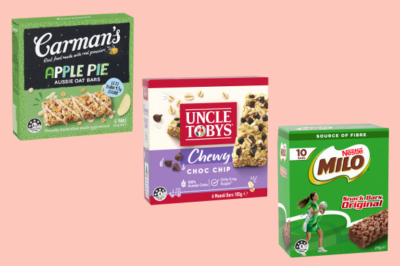 From left: Carman’s Aussie Oat Bars; Uncle Tobys Chewy range; Milo Snack Bars.