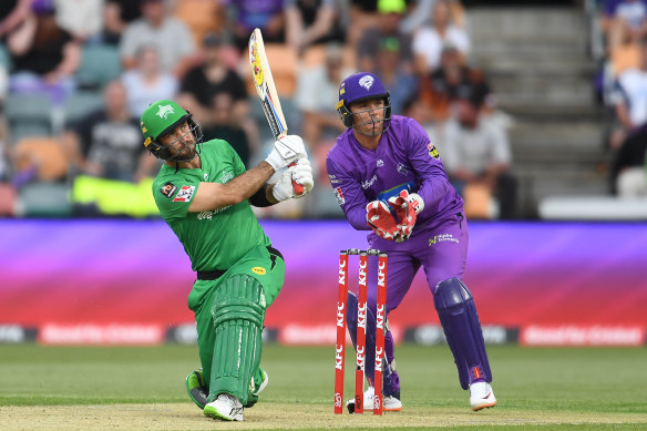Glenn Maxwell belts a six on the way to scoring 70 for the Stars but it was not enough against the Hobart Hurricanes at Blundstone Arena on Saturday night.